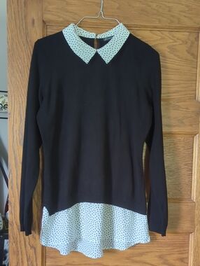 Adrianna Papell Black Collard Sweater with White Polka Heart Trim Size S